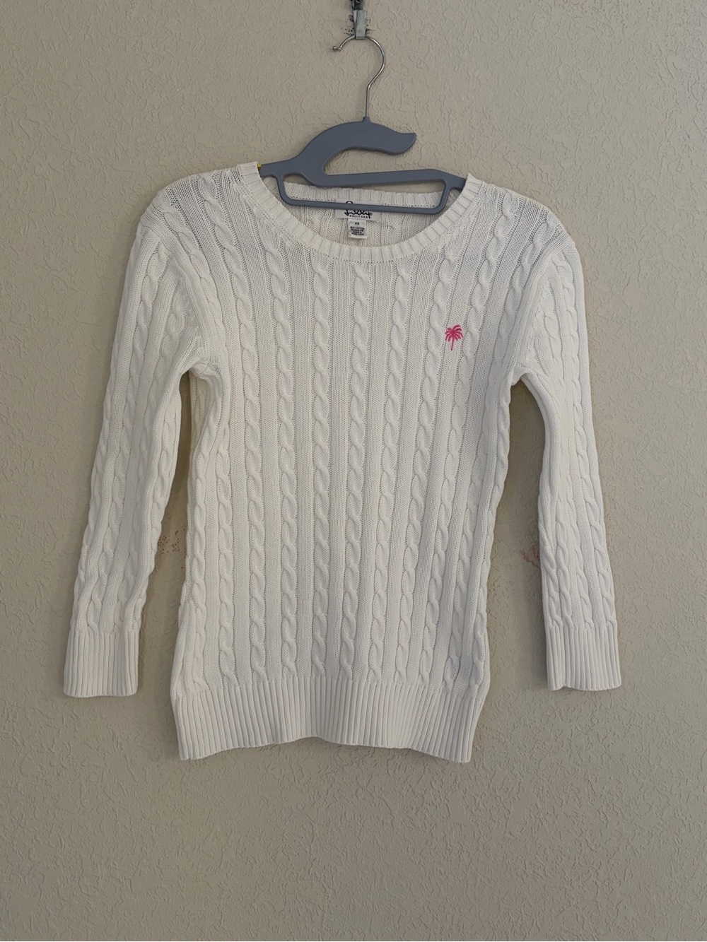 Lilly Pulitzer Women's XS Sweater White Cable Knit Pink Palm Tree Preppy